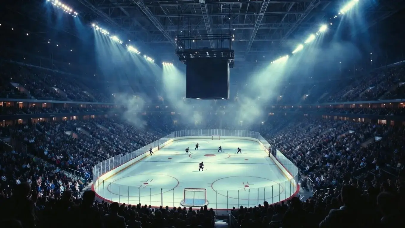 Ishockeyarena upplyst under en kvällsmatch med spelare på isen