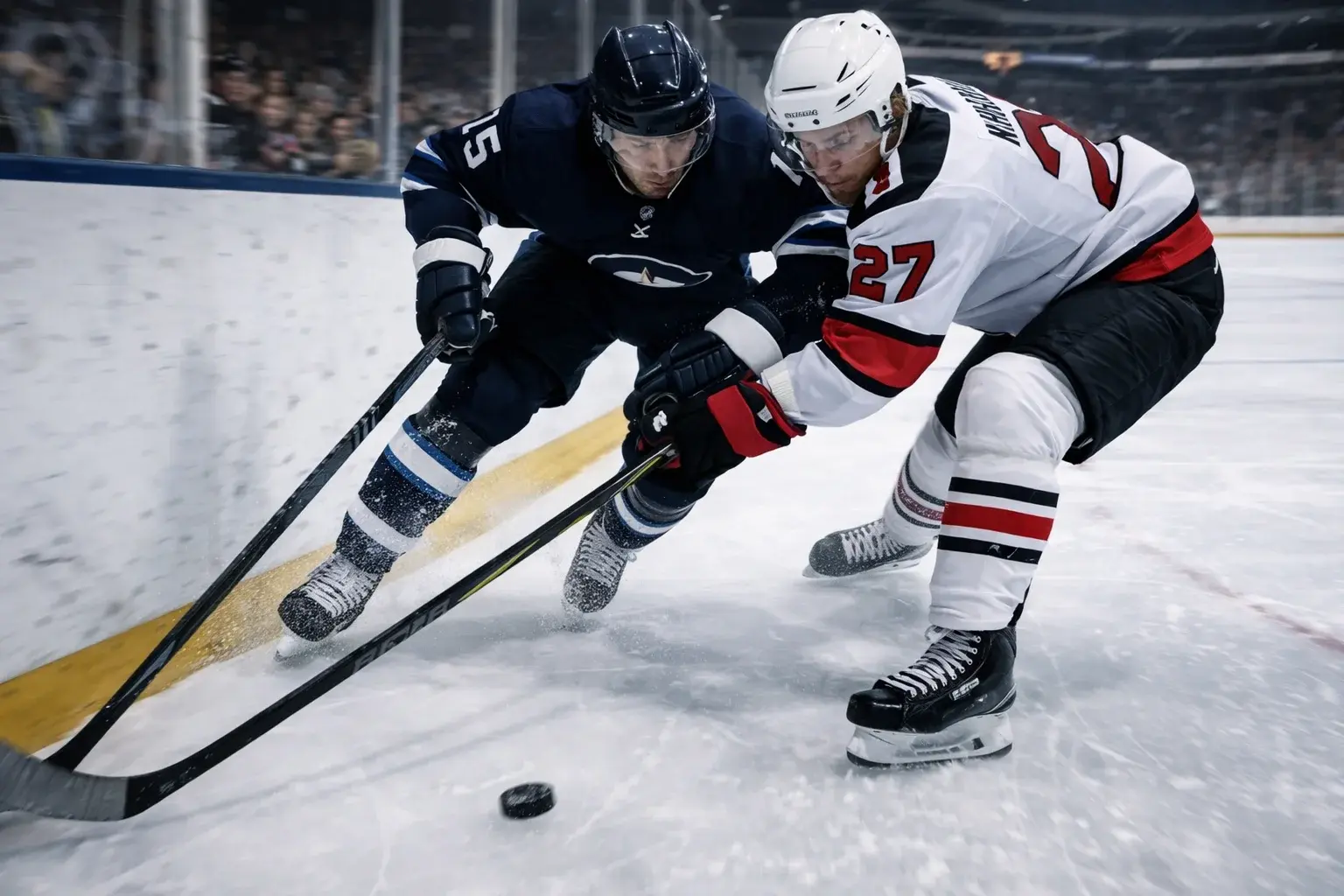 Ishockeyspelare i närkamp vid sargen under en SHL-match