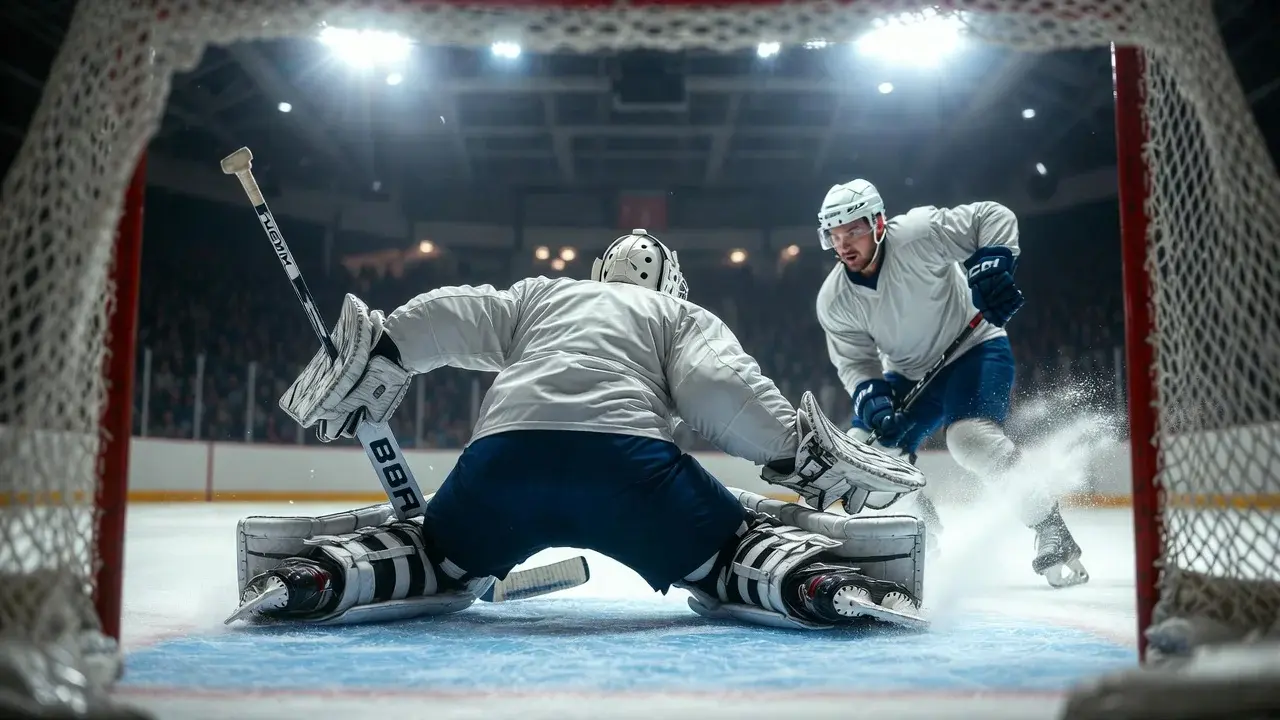 Intensiv ishockeymatch med spelare i närkamp framför målet