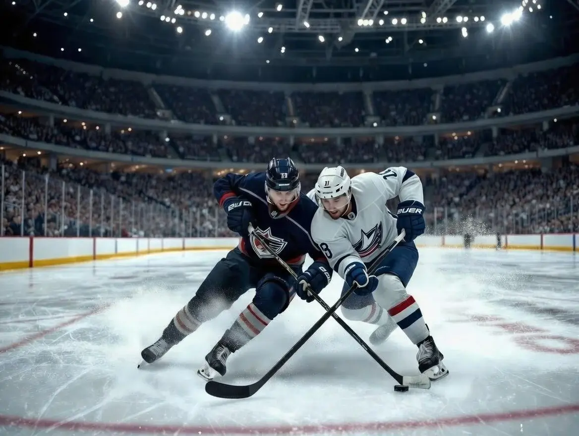 NHL-ishockeymatch med spelare vid sargen i en stor nordamerikansk arena