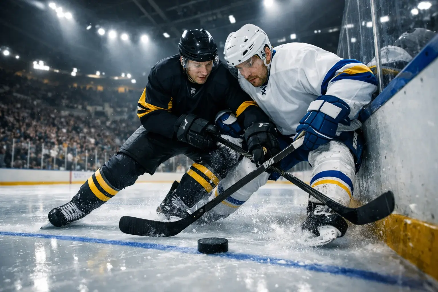 Ishockeyspelare i SHL-match på fullsatt arena med strålkastare