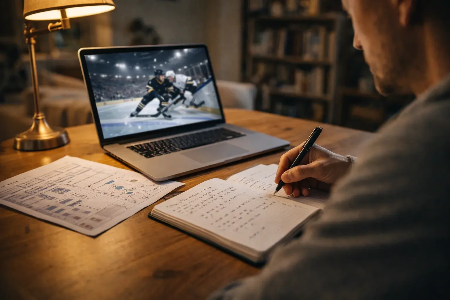 Fokuserad person analyserar ishockeystatistik med anteckningar vid skrivbord